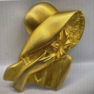 Vintage JJ JONETTE 1988 MATTE GOLD TONE GLAMOUR LADY HAT PIN BROOCH-AUTHENTIC